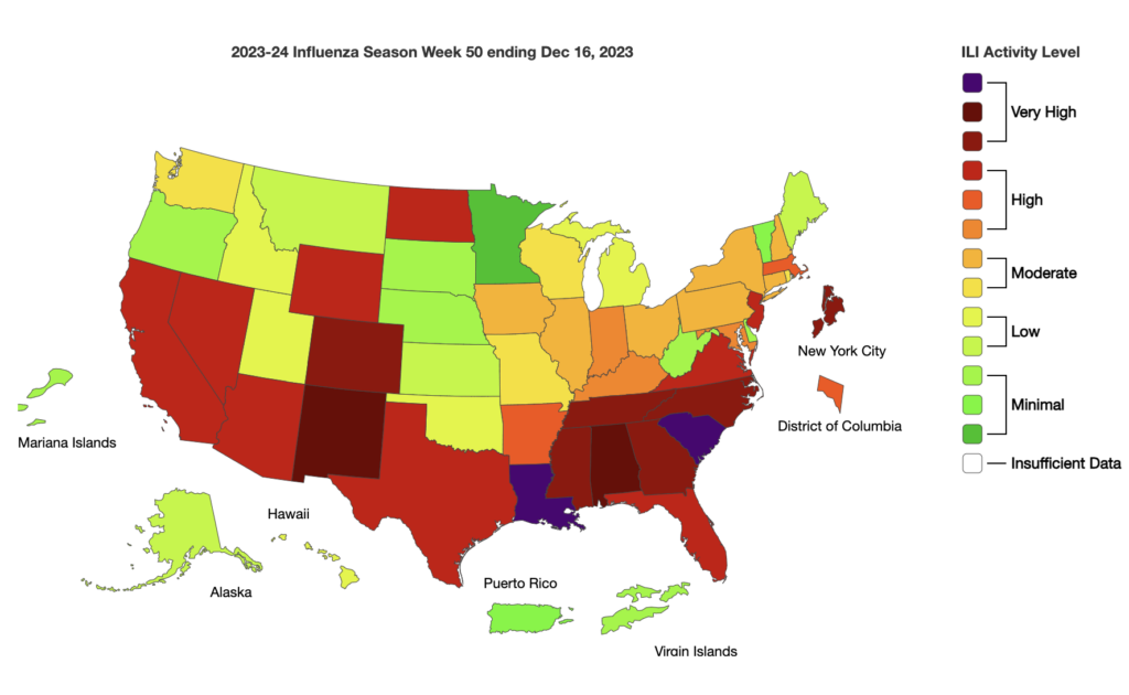 The U.S. Centers for Disease Control and Prevention reports South Carolina and Louisiana have the highest flu activity in the nation, according to data as of Dec. 16, 2023. Graphic courtesy of U.S. Centers for Disease Control and Prevention